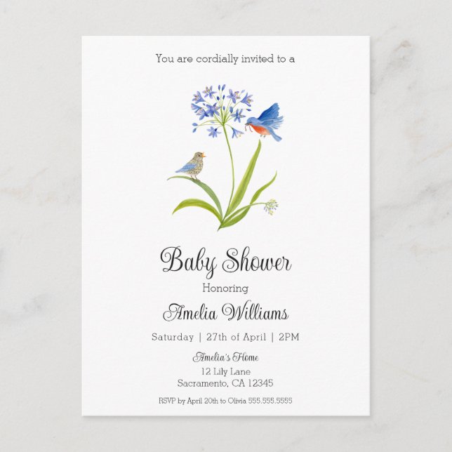 Baby Shower Lily with Bluebird Mother and Baby  Einladungspostkarte (Vorderseite)