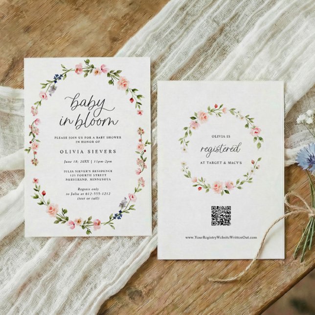 Baby Shower Mädchen Baby in Blüte Rosa Floral Einladung (Baby in bloom baby shower invitation with oval watercolor floral frame and pink flowers)