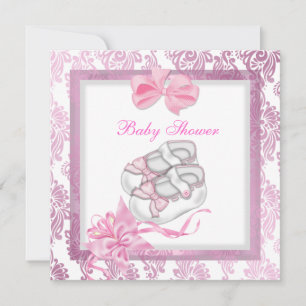 Baby Shower Mädchen Baby Rosa Schuhe Damast Weiß Einladung