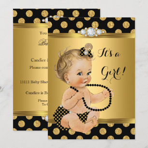Baby Shower Mädchen Goldfolie schwarze Perlen Blon Einladung