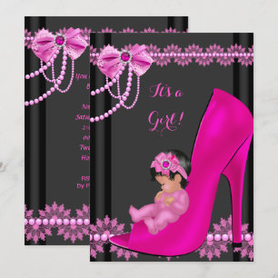 Baby Shower Mädchen Hot Pink Babyschuh Spitze 3 Einladung