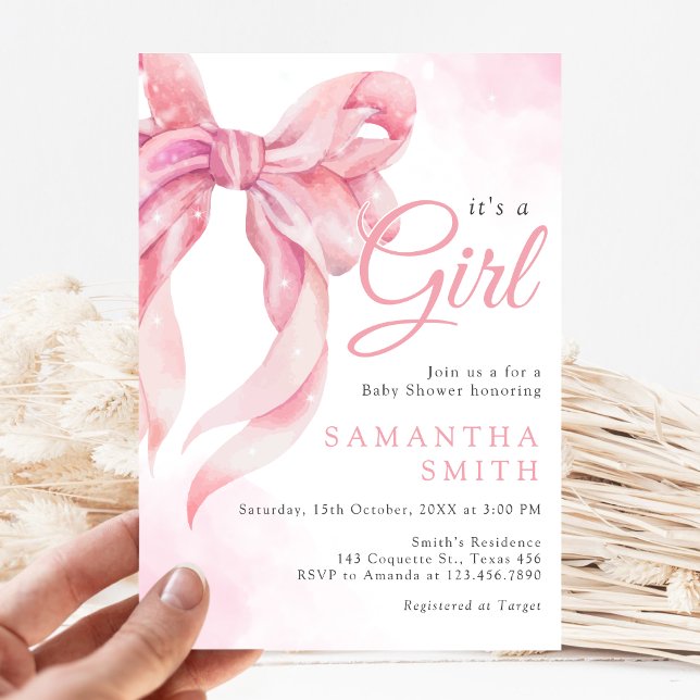 Baby Shower Mädchen mit rosa Schleife Einladung (Pink Bow Coquette Girl Baby Shower Invitation)