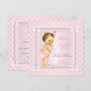 Baby-Shower Mädchen Rosa Grau Perle Brünette Einladung