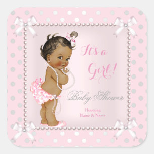 Baby Shower Mädchen Rosa Grau Perle Ethnisch Quadratischer Aufkleber