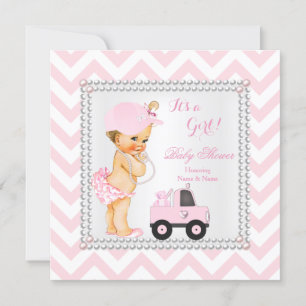Baby Shower Mädchen Rosa Kappe LKW Bär Blond Einladung