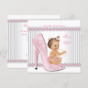 Baby Shower Mädchen Rosa Perlen High Heel Schuhe Einladung