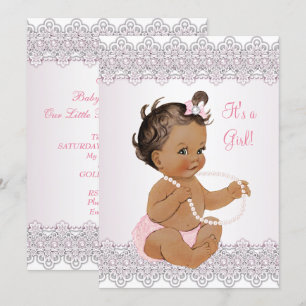 Baby Shower Mädchen Rosa Weiß Spitze Perle Brünett Einladung