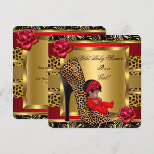 Baby Shower Mädchen rote Rosen Gold Wild Leopard 3 Einladung