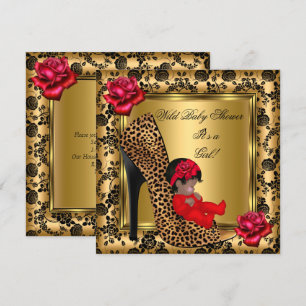Baby Shower Mädchen rote Rosen Gold Wild Leopard 4 Einladung