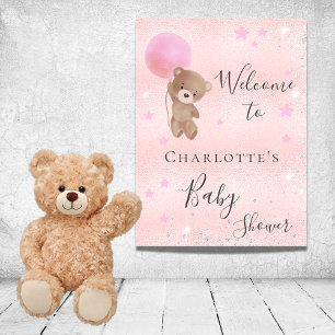 Baby-Shower-Mädchen Teddybär rosa silber Willkomme Poster