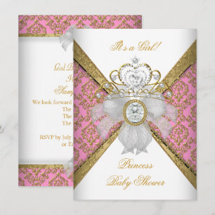Baby Shower Mädchen Weiß Rosa Prinzessin Damast Einladung