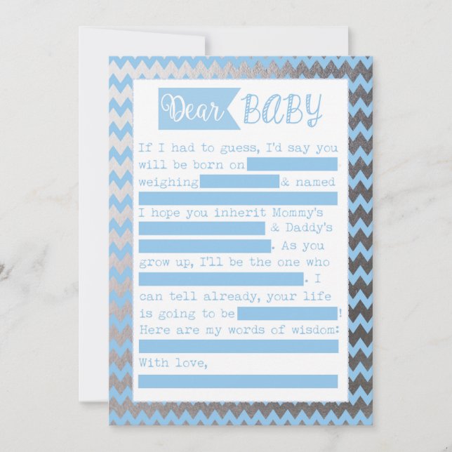 Baby Shower MadLibs Game, Blue and Silve Foil Look Einladung (Vorderseite)