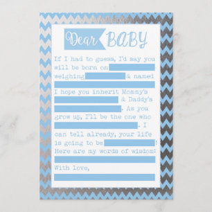 Baby Shower MadLibs Game, Blue and Silve Foil Look Einladung