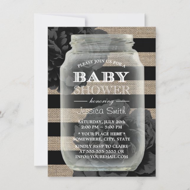 Baby Shower Mason Jar Rustic Burlap Streifen Einladung (Vorderseite)