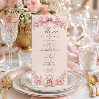 Baby-Shower-Menükarte, Coquette-Rosa-Schleife-Tedd Menükarte