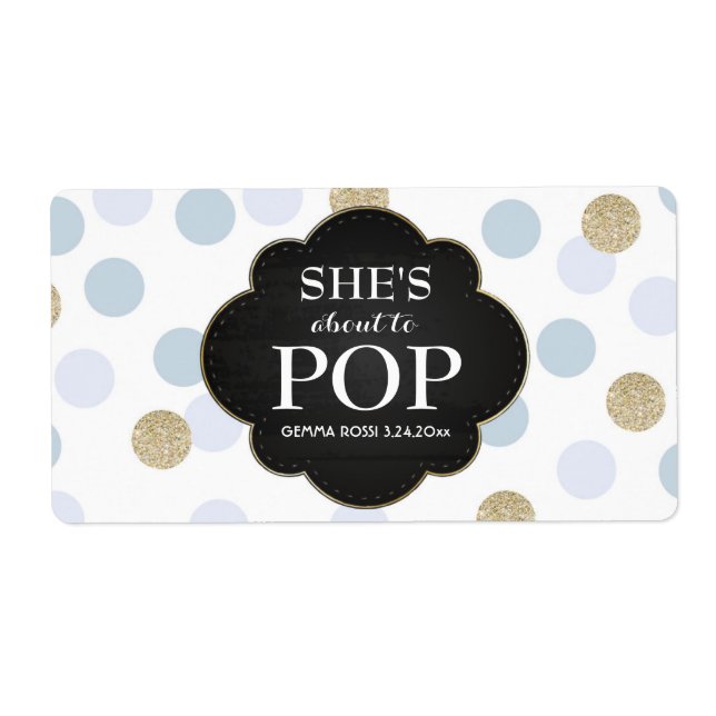Baby Shower Mini Champagne Label Blue Polka Dots (Vorne)