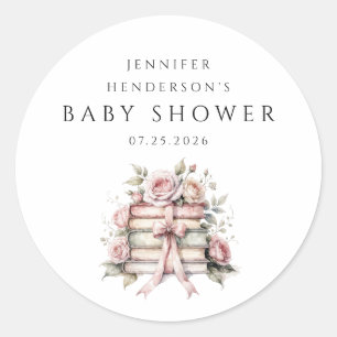 Baby Shower mit rosa Schleife und Bücherstapel Runder Aufkleber