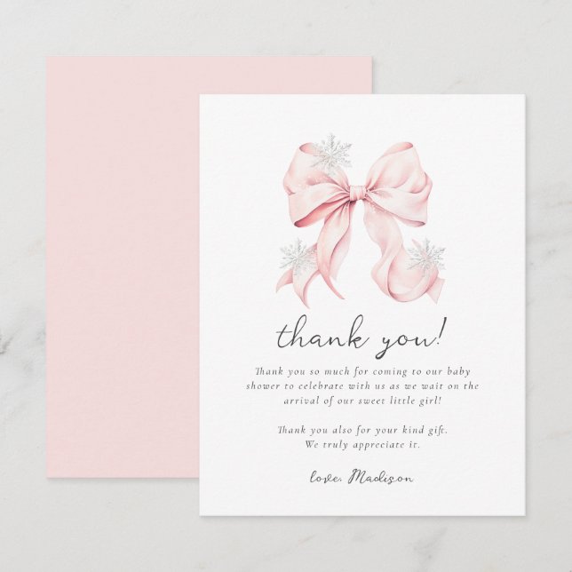 Baby Shower mit rosa Schleife und Winter-Schneeflo Mitteilungskarte (Vorne/Hinten)