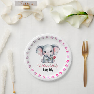 Baby-Shower mit rosa Wasserfarb-Elefanten Pappteller