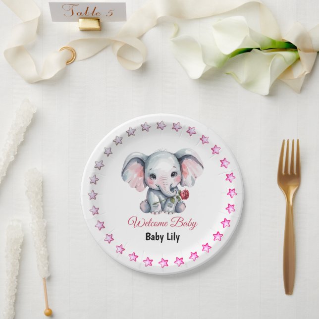 Baby-Shower mit rosa Wasserfarb-Elefanten Pappteller (Hochzeit)