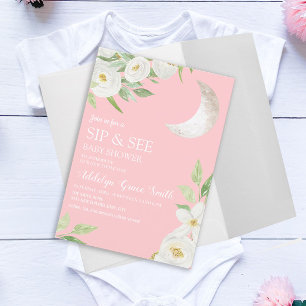 Baby Shower Mond Weiß Floral Rosa Sip See Einladung