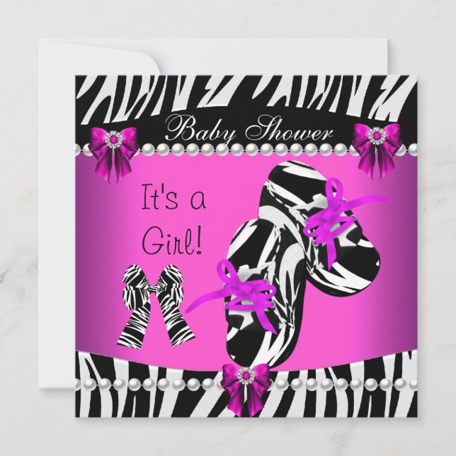 Baby Shower Niedlich Baby Girl Hot Pink Zebra Schu Einladung (Vorderseite)