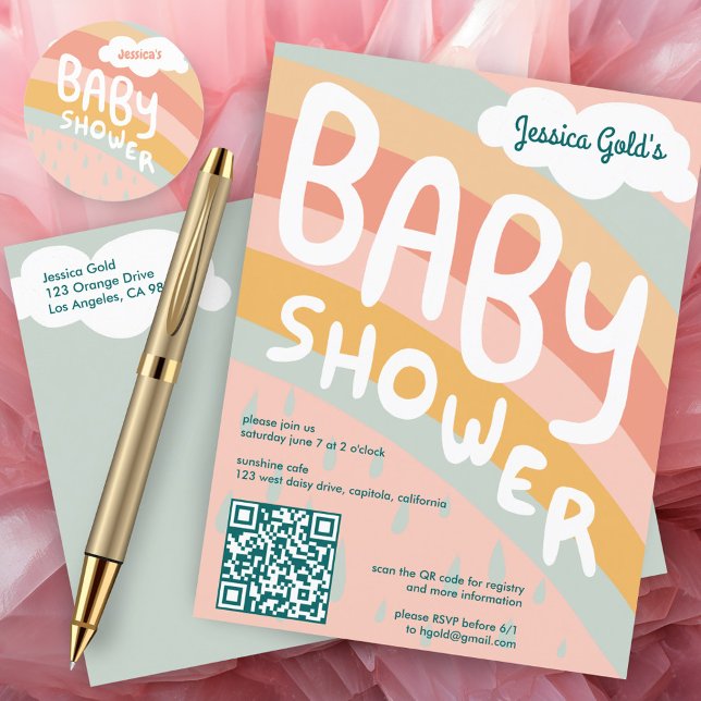 BABY SHOWER Niedliche Wolken Rainbow Custom QR COD Einladungspostkarte (BABY SHOWER Cute Clouds Rainbow Custom QR CODE Invitation Postcard Pink)
