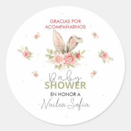 Baby Shower Orejas de Conejo Rosa y Flores Runder Aufkleber