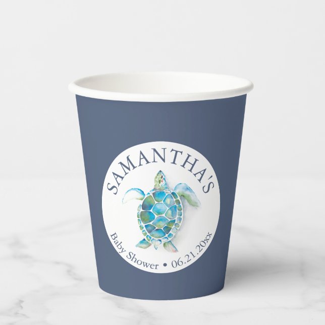 Baby Shower Paper Cups Boy Blue Sea Turtle Pappbecher (Vorderseite)