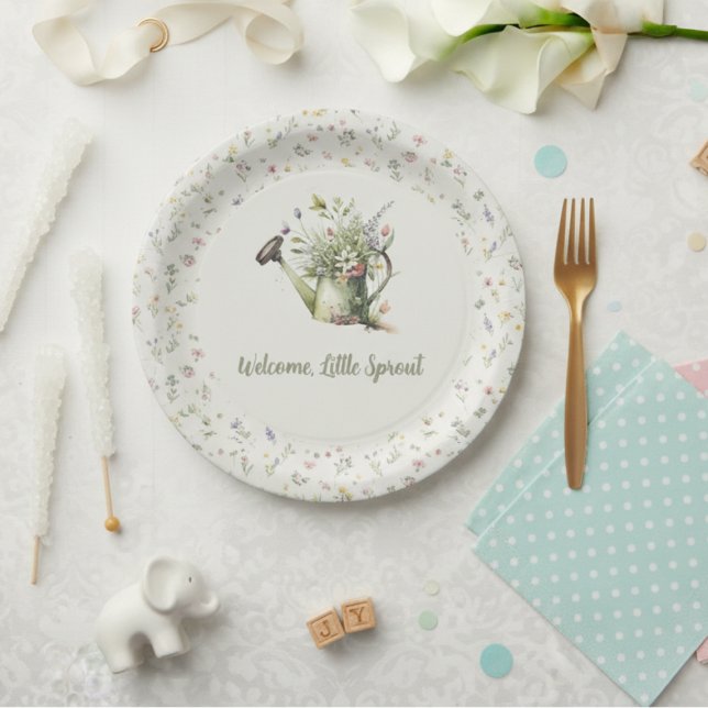 Baby Shower Paper Plate - "Little Sprout" Floral Pappteller (Baby shower paper plate)