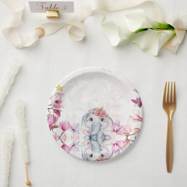Baby Shower Party Plate with Floral Elephant Pappteller (Hochzeit)