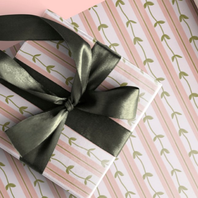 Baby Shower Pastel Pink Stripe Botanical Green Vin Geschenkpapier (Von Creator hochgeladen)