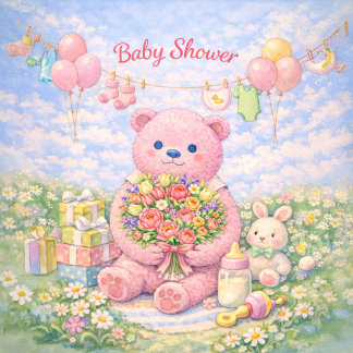 Baby Shower – Pink Bear Floral Illustration Karte