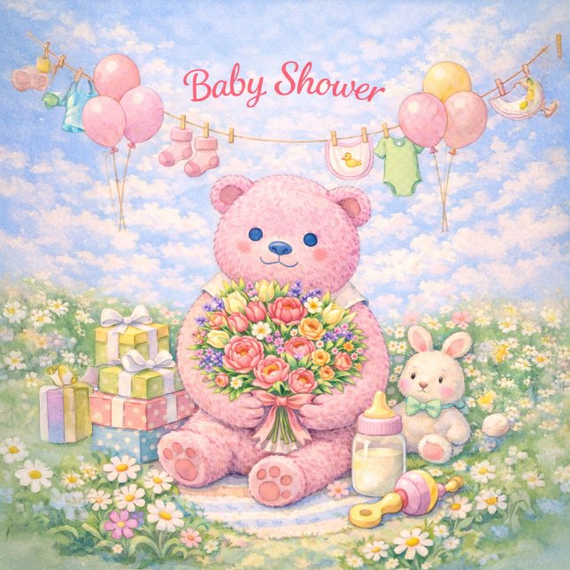 Baby Shower – Pink Bear Floral Illustration Karte (Von Creator hochgeladen)