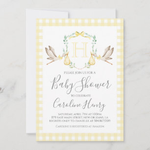 Baby Shower Preppy Gingham Stork Neutral Yellow Einladung