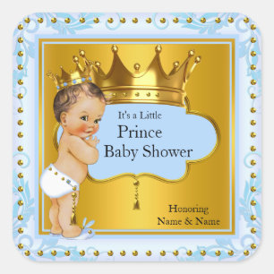 Baby Shower Prince Boy Blue Gold Crown Brünett Quadratischer Aufkleber
