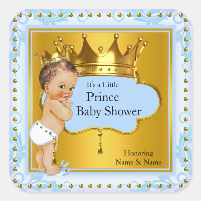 Baby Shower Prince Boy Blue Gold Crown Brünett Quadratischer Aufkleber (Vorderseite)
