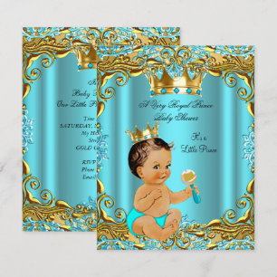 Baby-Shower-Prinz Gold Türkis Aqua Brünette Einladung