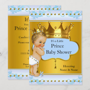 Baby Shower Prinz Junge Blau Gold Krone Blond Einladung