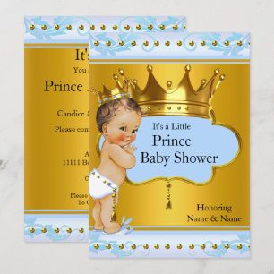 Baby Shower Prinz Junge Blau Gold Krone Brünette Einladung