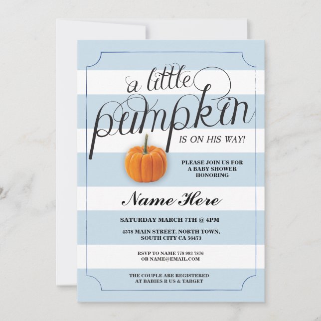 Baby Shower Pumpkin Blue Stripe Harvest Einladung (Vorderseite)