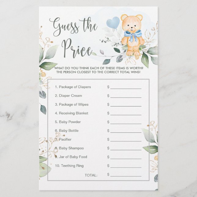 Baby Shower Raten Sie den Preis Game Teddy Bear St (Vorderseite)