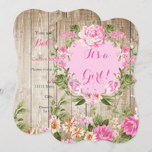 Baby Shower Rosa Floral Rustikales Holz Mädchen Einladung