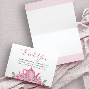 Baby-Shower Rosa Wasserfarben Blumen Teekanne Dankeskarte