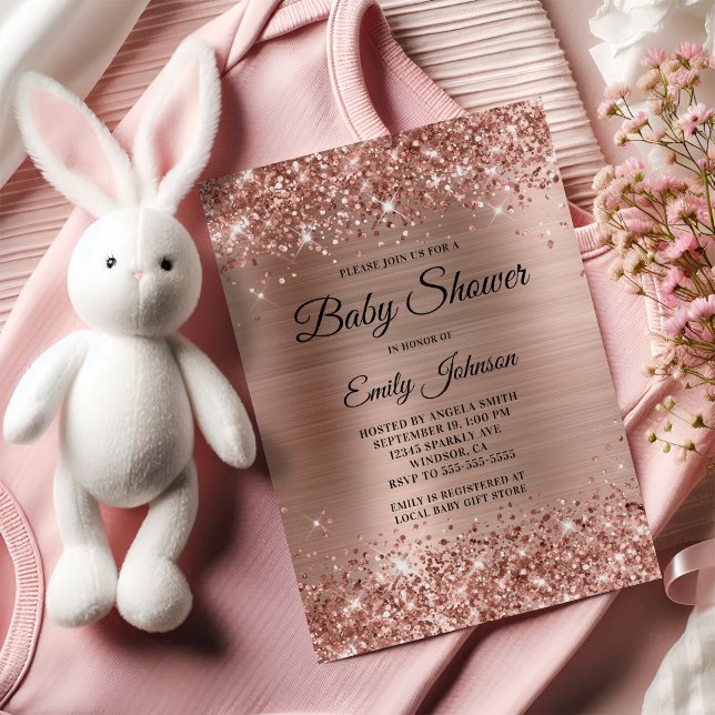 Baby Shower Rose Gold Glitterie Foil Extravagantes Einladung (Baby Shower Rose Gold Glittery Foil Fancy Script Invitation)