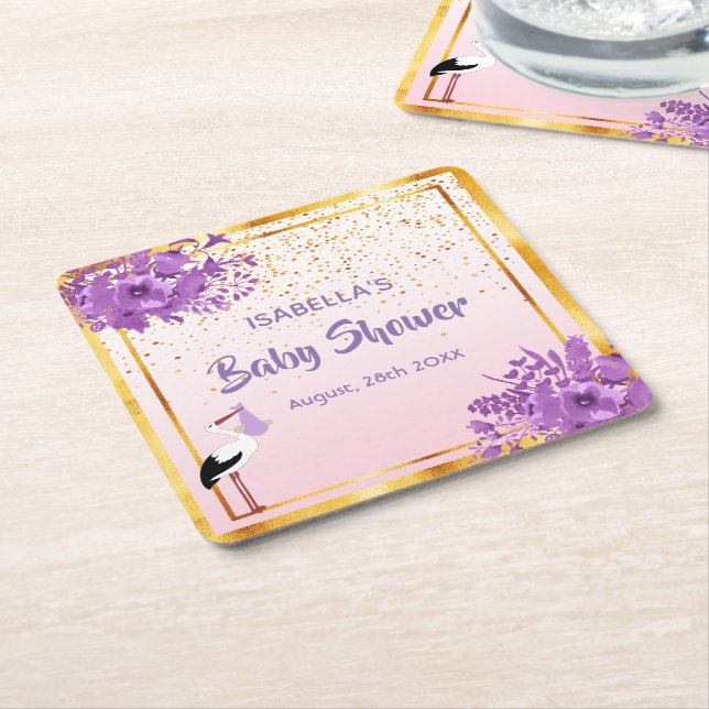 Baby Shower Rose Gold lila Blumenstoren Rechteckiger Pappuntersetzer (angewinkelt)