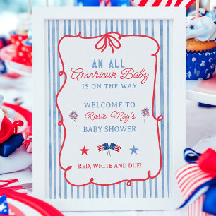 Baby Shower Rot Blau Gestreift Willkommen Poster