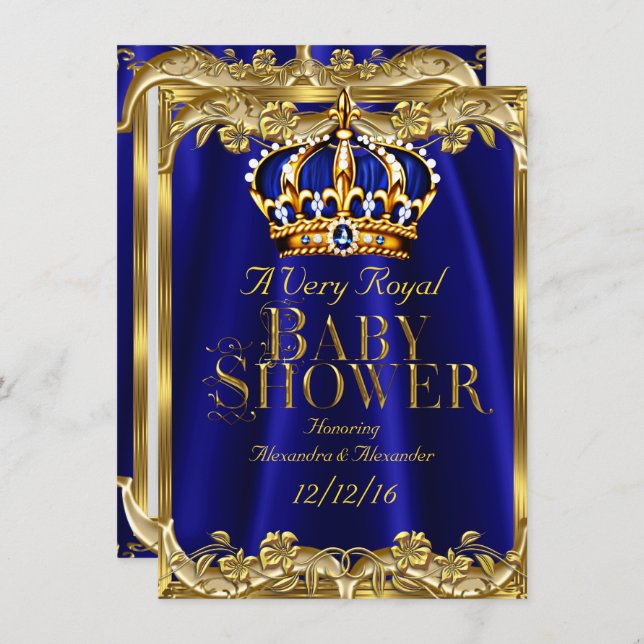 Baby Shower Royal Blue Navy Gold Crown Einladung (Vorne/Hinten)