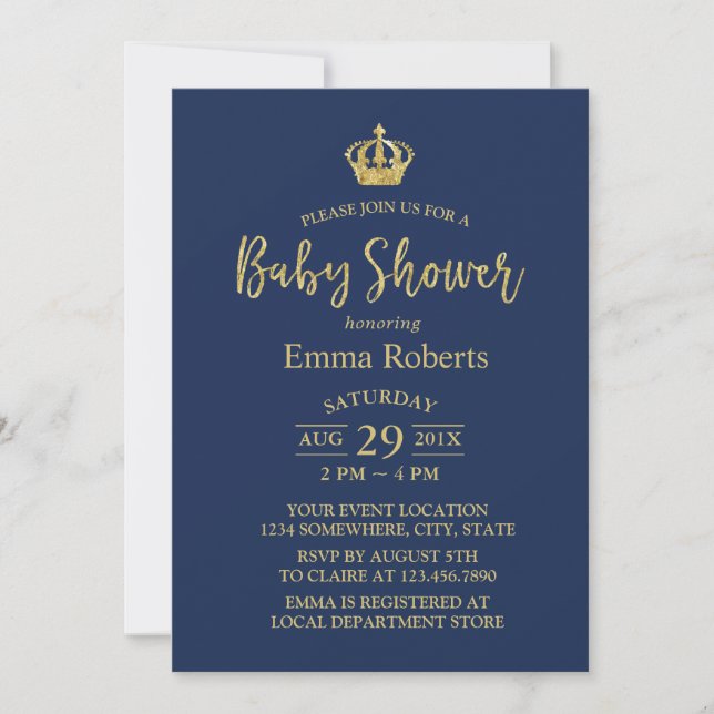 Baby Shower Royal Gold Crown Elegante Navy Blue Einladung (Vorderseite)