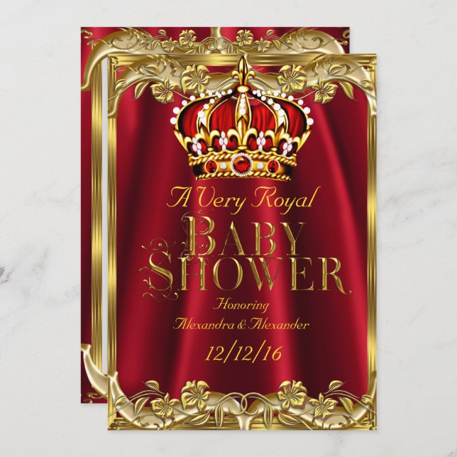 Baby Shower Royal Regal Red Gold Crown Einladung (Vorne/Hinten)